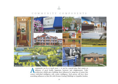 Residences Retail and Services Education Hospitality Commerce and Business Recreation Agriculture Health and Wholeness Light Industry Community Center A community can be so much more – it can be a special place that creates an influence of good health, happiness, harmony and enlightenment. Vedic architecture reliably gives buildings these influences by using laws of nature that connect individual intelligence with cosmic intelligence. Each person will have these nourishing influences in their life with Fortune-Creating© Buildings in Carpathia Gardens.